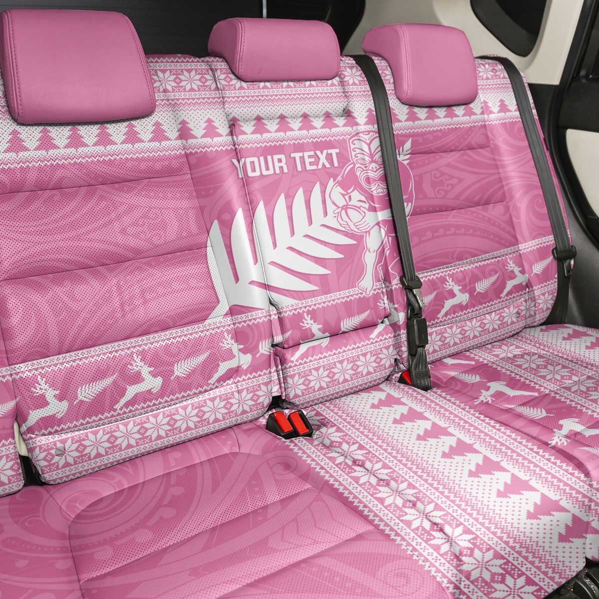 New Zealand Christmas Rugby Personalised Back Car Seat Cover Meri Kirihimete All Black Maori Pink Version LT14 - Polynesian Pride