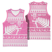 New Zealand Christmas Rugby Personalised Basketball Jersey Meri Kirihimete All Black Maori Pink Version LT14 - Polynesian Pride