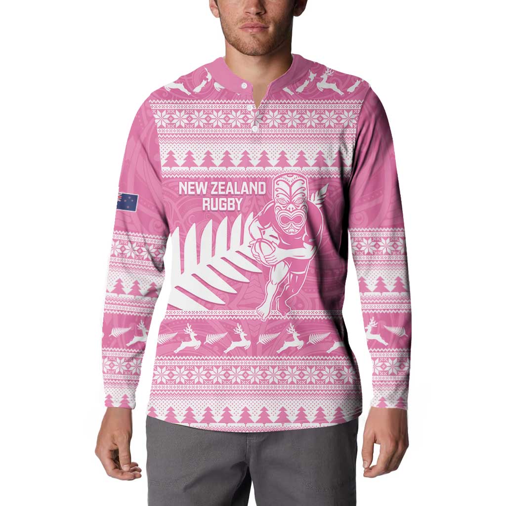 New Zealand Christmas Rugby Personalised Button Sweatshirt Meri Kirihimete All Black Maori Pink Version - Polynesian Pride