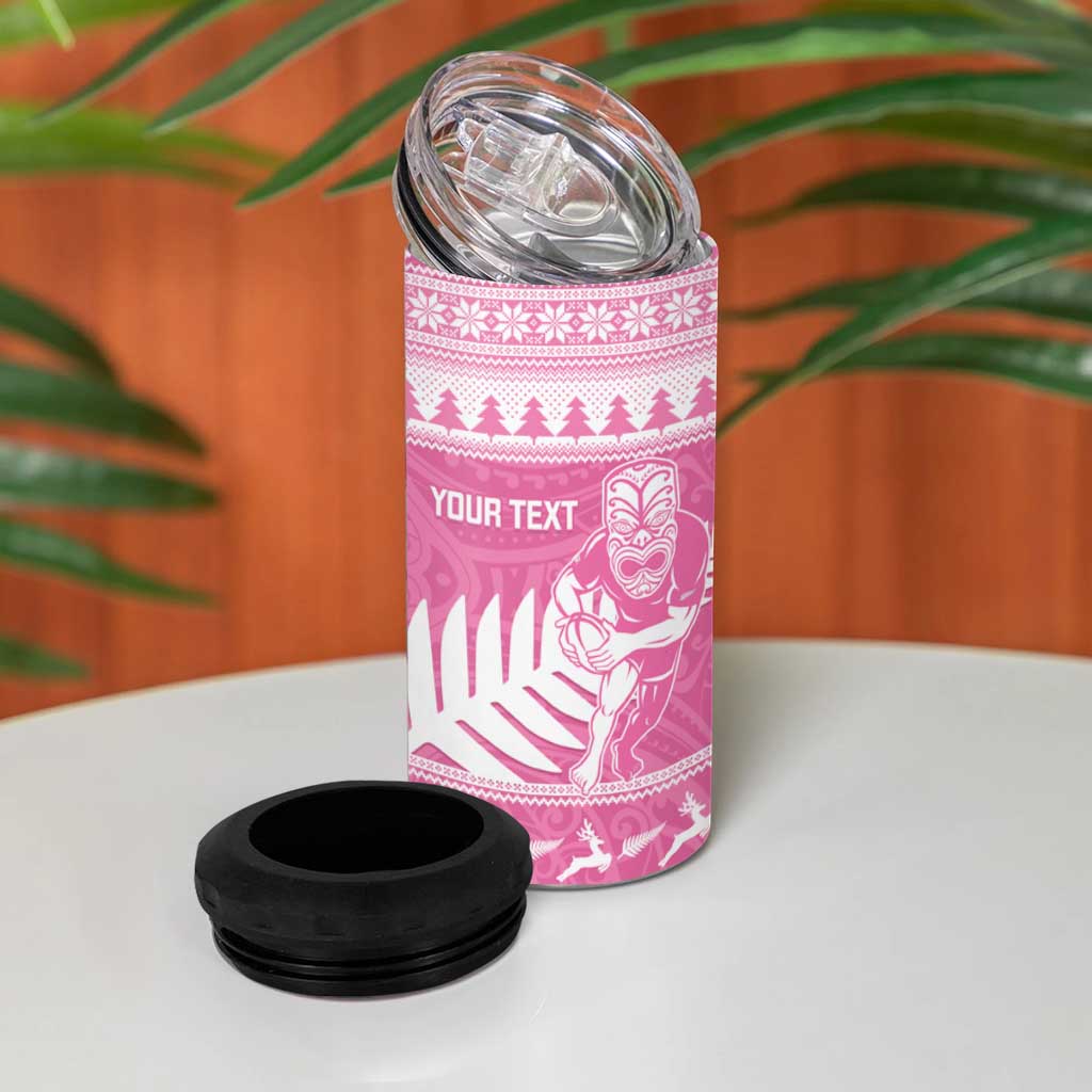 New Zealand Christmas Rugby Personalised 4 in 1 Can Cooler Tumbler Meri Kirihimete All Black Maori Pink Version LT14 - Polynesian Pride