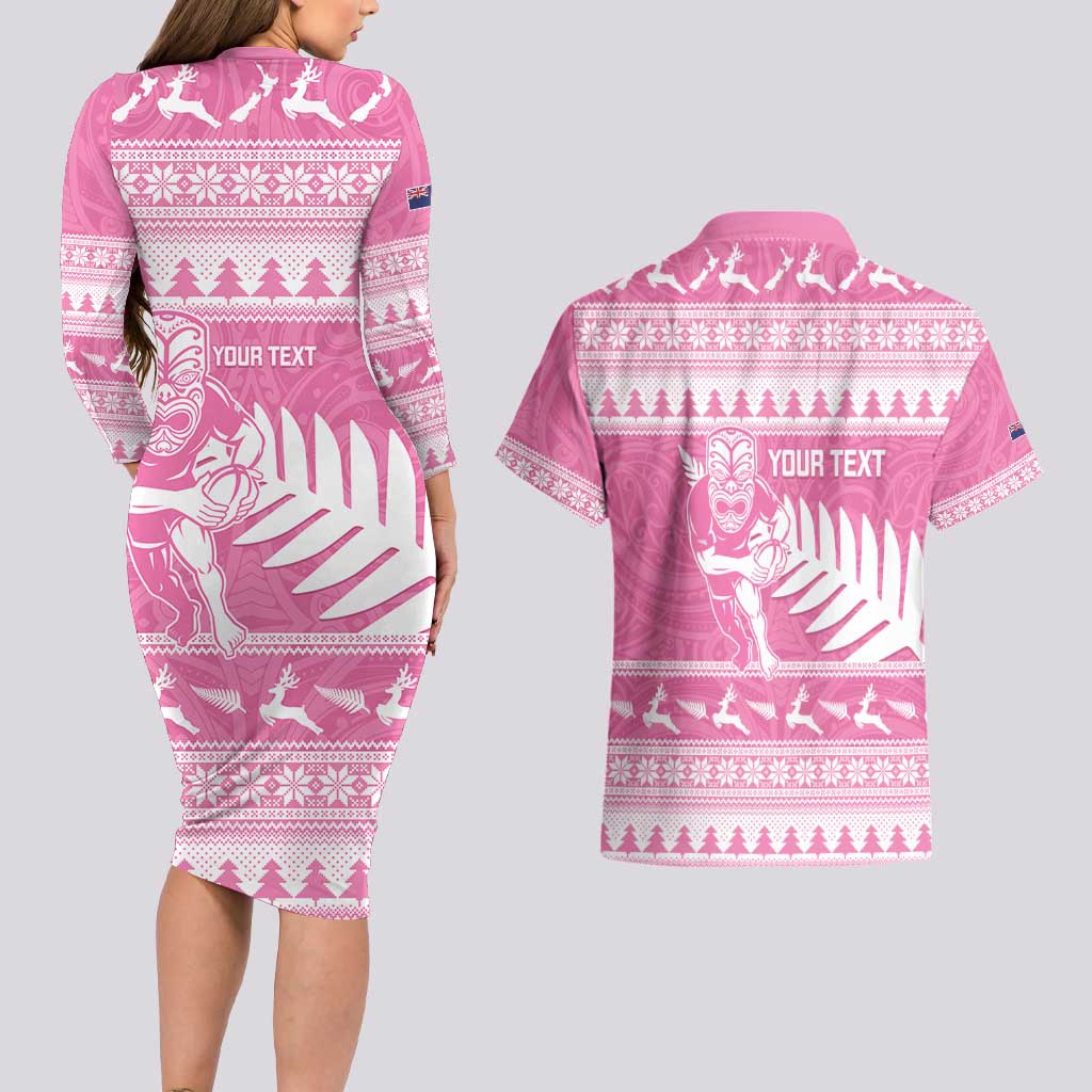 New Zealand Christmas Rugby Personalised Couples Matching Long Sleeve Bodycon Dress and Hawaiian Shirt Meri Kirihimete All Black Maori Pink Version LT14 - Polynesian Pride