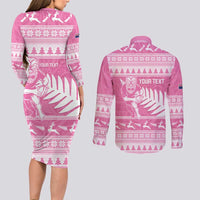 New Zealand Christmas Rugby Personalised Couples Matching Long Sleeve Bodycon Dress and Long Sleeve Button Shirt Meri Kirihimete All Black Maori Pink Version LT14 - Polynesian Pride