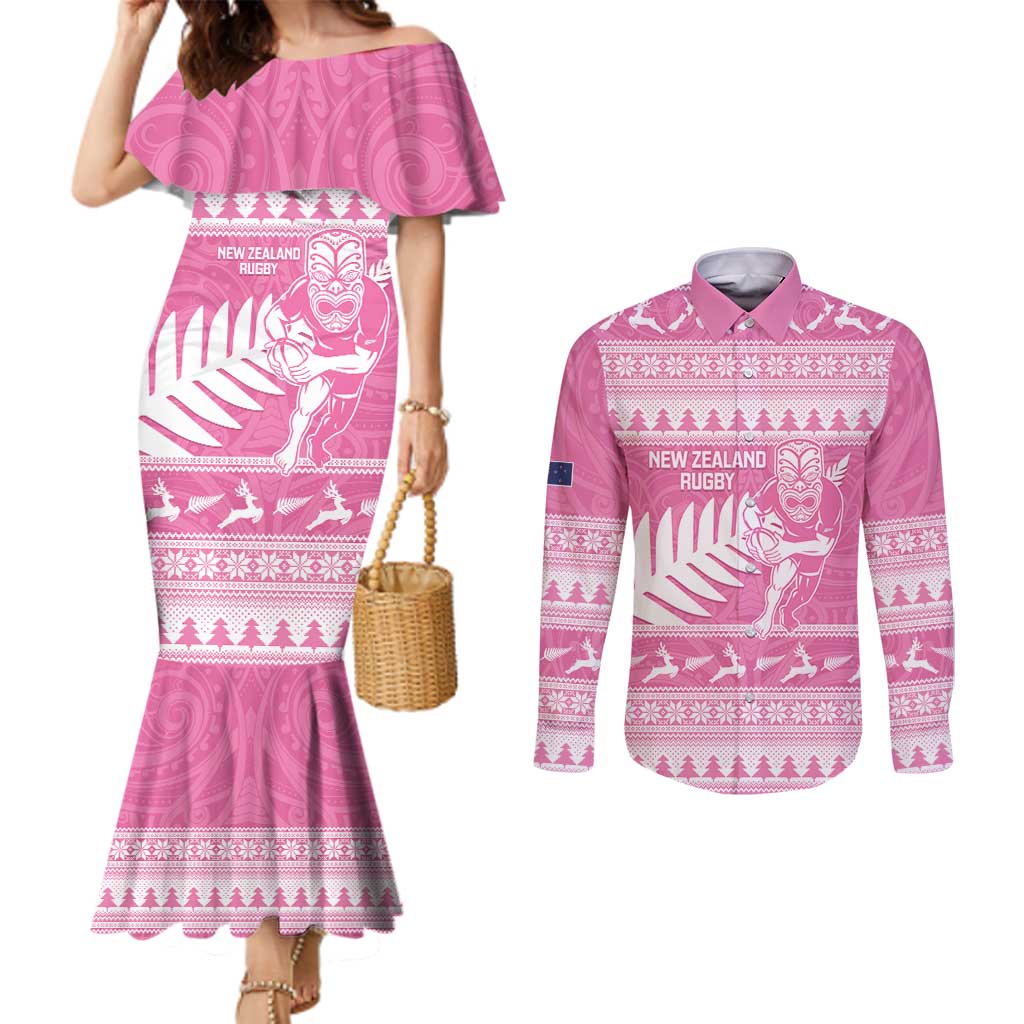 New Zealand Christmas Rugby Personalised Couples Matching Mermaid Dress and Long Sleeve Button Shirt Meri Kirihimete All Black Maori Pink Version LT14 Pink - Polynesian Pride