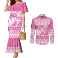 New Zealand Christmas Rugby Personalised Couples Matching Mermaid Dress and Long Sleeve Button Shirt Meri Kirihimete All Black Maori Pink Version LT14 Pink - Polynesian Pride