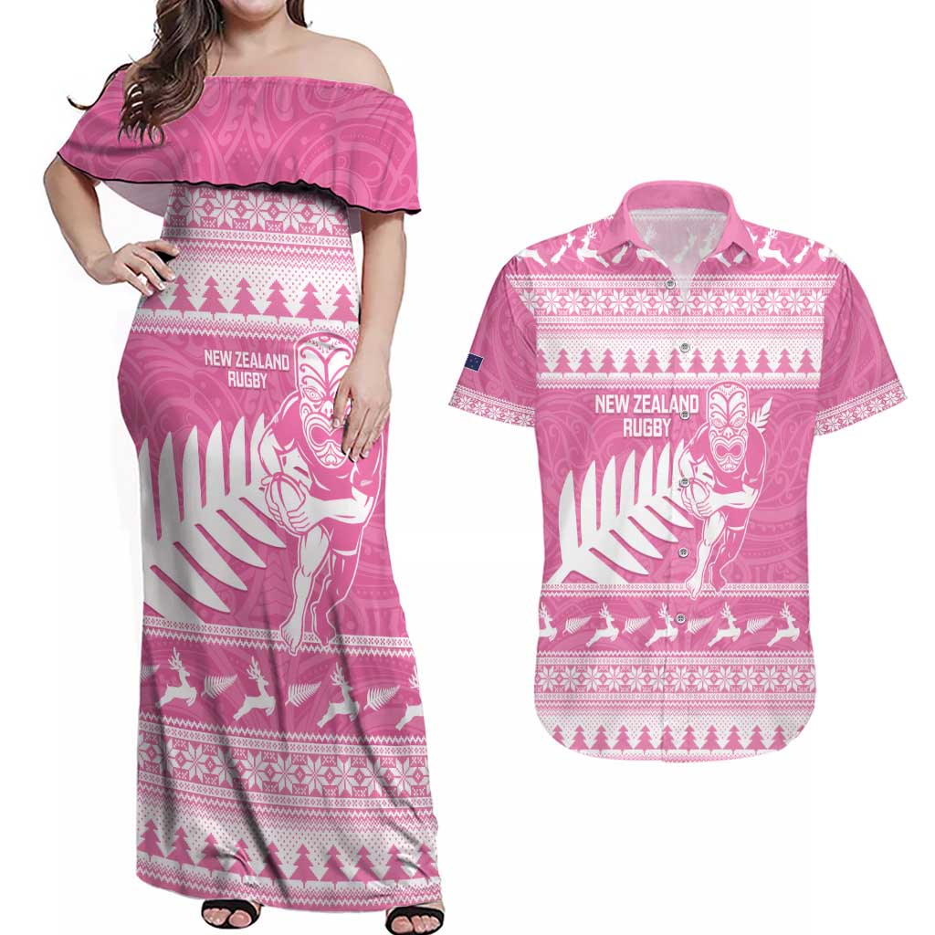 New Zealand Christmas Rugby Personalised Couples Matching Off Shoulder Maxi Dress and Hawaiian Shirt Meri Kirihimete All Black Maori Pink Version LT14 Pink - Polynesian Pride