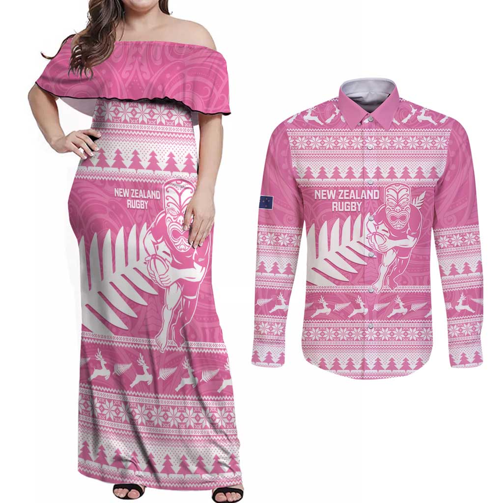 New Zealand Christmas Rugby Personalised Couples Matching Off Shoulder Maxi Dress and Long Sleeve Button Shirt Meri Kirihimete All Black Maori Pink Version LT14 Pink - Polynesian Pride