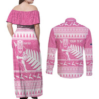 New Zealand Christmas Rugby Personalised Couples Matching Off Shoulder Maxi Dress and Long Sleeve Button Shirt Meri Kirihimete All Black Maori Pink Version LT14 - Polynesian Pride