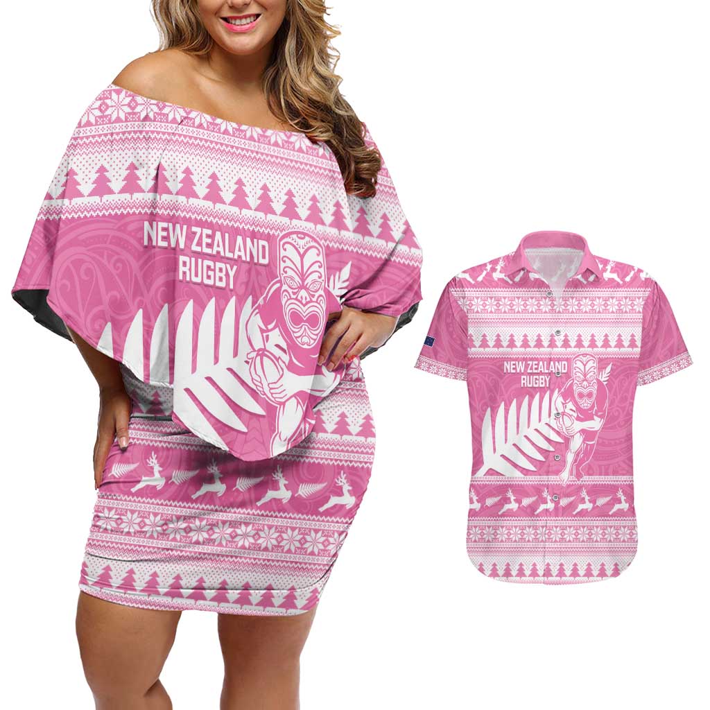 New Zealand Christmas Rugby Personalised Couples Matching Off Shoulder Short Dress and Hawaiian Shirt Meri Kirihimete All Black Maori Pink Version - Polynesian Pride