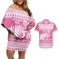 New Zealand Christmas Rugby Personalised Couples Matching Off Shoulder Short Dress and Hawaiian Shirt Meri Kirihimete All Black Maori Pink Version LT14 Pink - Polynesian Pride