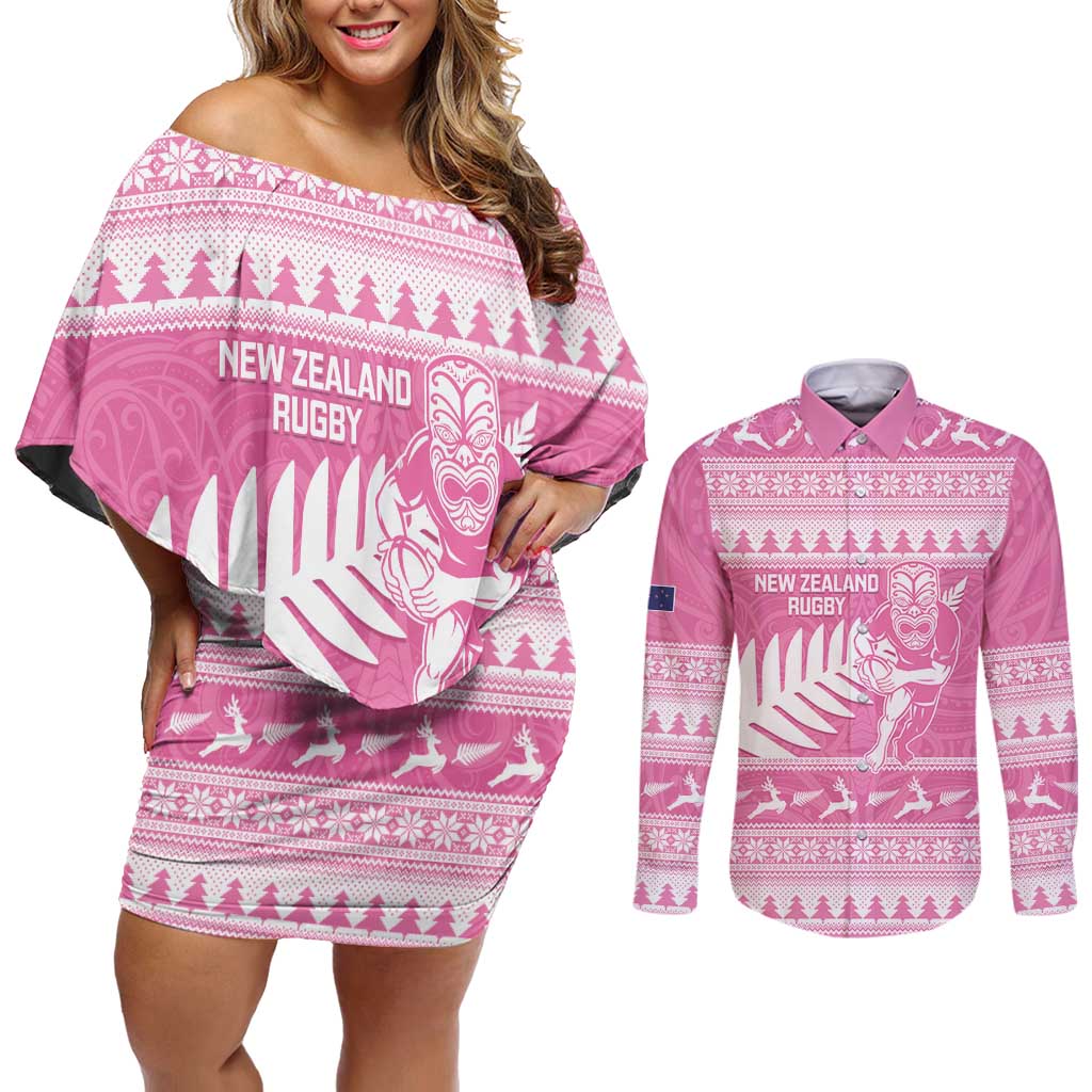 New Zealand Christmas Rugby Personalised Couples Matching Off Shoulder Short Dress and Long Sleeve Button Shirt Meri Kirihimete All Black Maori Pink Version LT14 Pink - Polynesian Pride