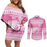 New Zealand Christmas Rugby Personalised Couples Matching Off Shoulder Short Dress and Long Sleeve Button Shirt Meri Kirihimete All Black Maori Pink Version LT14 Pink - Polynesian Pride