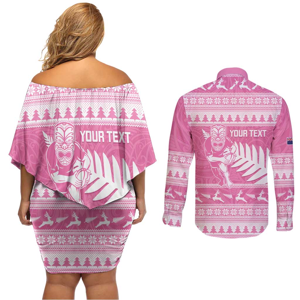 New Zealand Christmas Rugby Personalised Couples Matching Off Shoulder Short Dress and Long Sleeve Button Shirt Meri Kirihimete All Black Maori Pink Version LT14 - Polynesian Pride