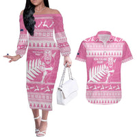 New Zealand Christmas Rugby Personalised Couples Matching Off The Shoulder Long Sleeve Dress and Hawaiian Shirt Meri Kirihimete All Black Maori Pink Version LT14 Pink - Polynesian Pride