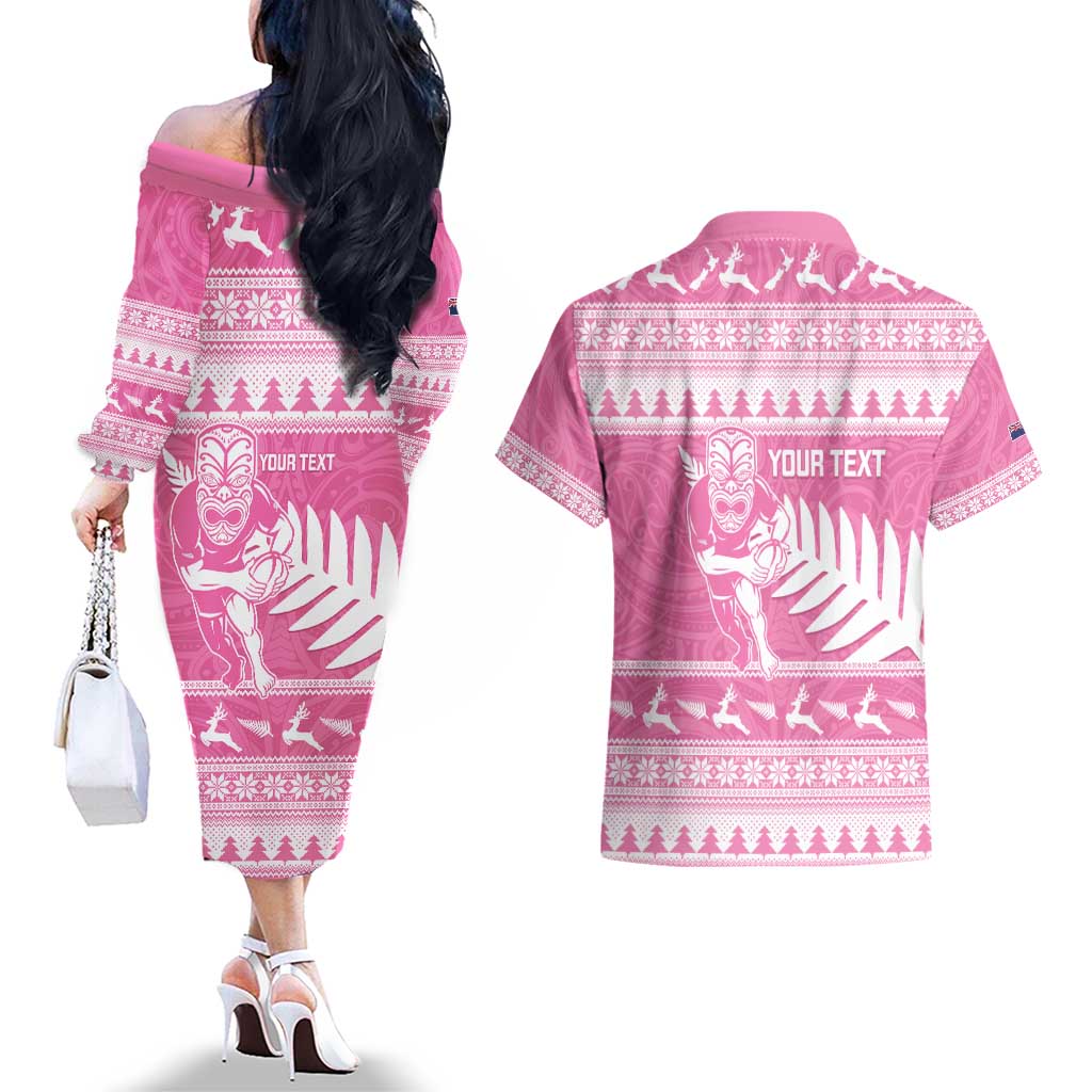 New Zealand Christmas Rugby Personalised Couples Matching Off The Shoulder Long Sleeve Dress and Hawaiian Shirt Meri Kirihimete All Black Maori Pink Version LT14 - Polynesian Pride