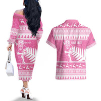 New Zealand Christmas Rugby Personalised Couples Matching Off The Shoulder Long Sleeve Dress and Hawaiian Shirt Meri Kirihimete All Black Maori Pink Version LT14 - Polynesian Pride
