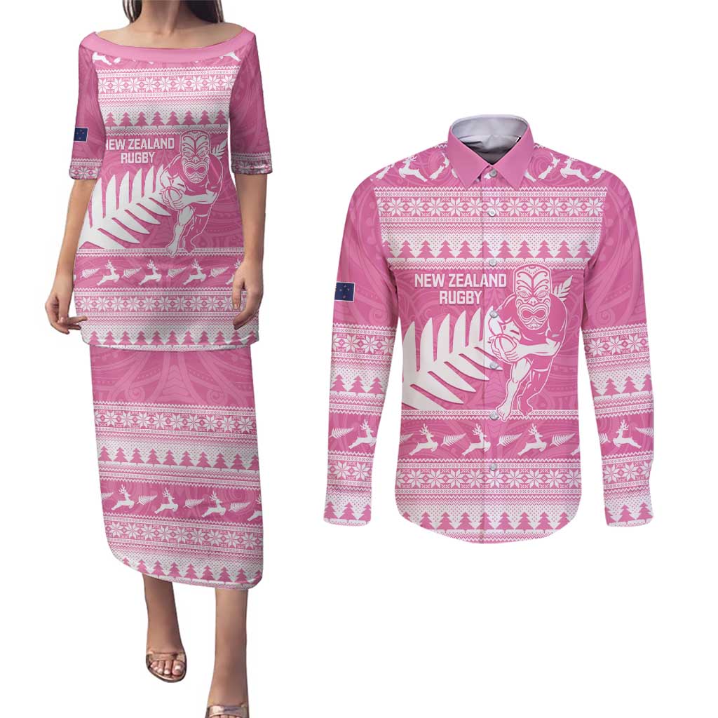 New Zealand Christmas Rugby Personalised Couples Matching Puletasi and Long Sleeve Button Shirt Meri Kirihimete All Black Maori Pink Version LT14 Pink - Polynesian Pride