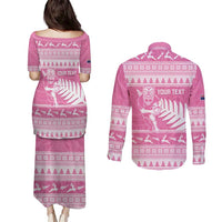 New Zealand Christmas Rugby Personalised Couples Matching Puletasi and Long Sleeve Button Shirt Meri Kirihimete All Black Maori Pink Version LT14 - Polynesian Pride