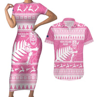 New Zealand Christmas Rugby Personalised Couples Matching Short Sleeve Bodycon Dress and Hawaiian Shirt Meri Kirihimete All Black Maori Pink Version LT14 Pink - Polynesian Pride