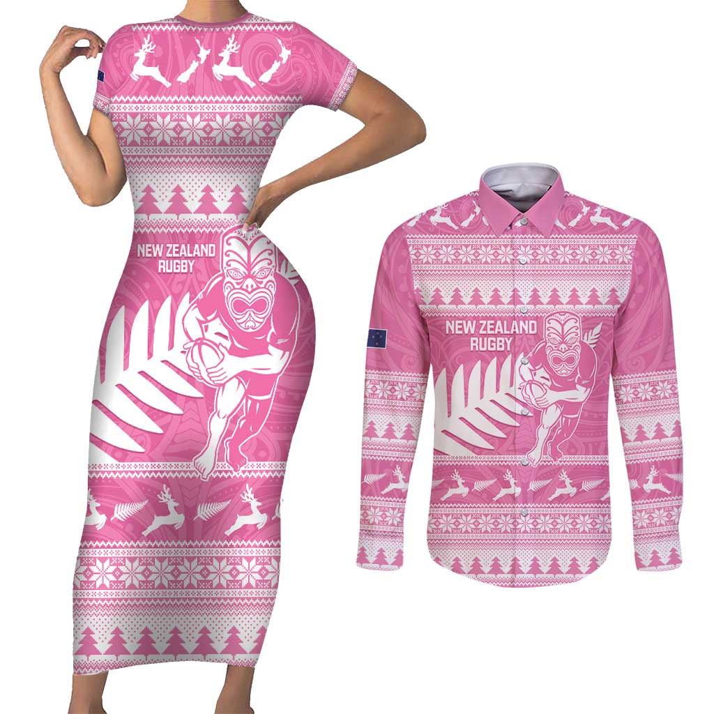 New Zealand Christmas Rugby Personalised Couples Matching Short Sleeve Bodycon Dress and Long Sleeve Button Shirt Meri Kirihimete All Black Maori Pink Version LT14 Pink - Polynesian Pride