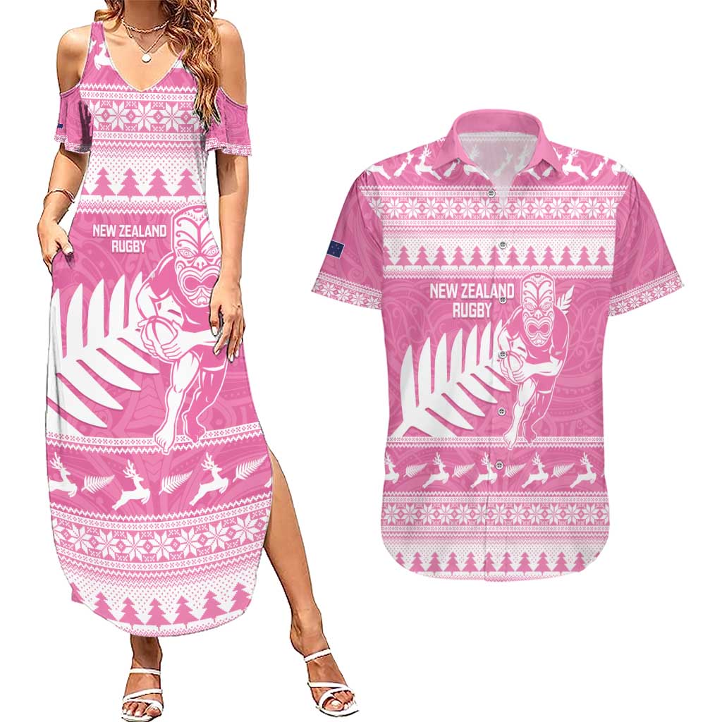 New Zealand Christmas Rugby Personalised Couples Matching Summer Maxi Dress and Hawaiian Shirt Meri Kirihimete All Black Maori Pink Version LT14 Pink - Polynesian Pride