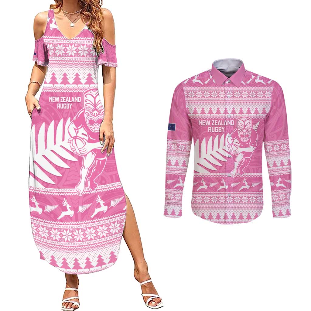 New Zealand Christmas Rugby Personalised Couples Matching Summer Maxi Dress and Long Sleeve Button Shirt Meri Kirihimete All Black Maori Pink Version LT14 Pink - Polynesian Pride