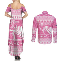 New Zealand Christmas Rugby Personalised Couples Matching Summer Maxi Dress and Long Sleeve Button Shirt Meri Kirihimete All Black Maori Pink Version LT14 - Polynesian Pride