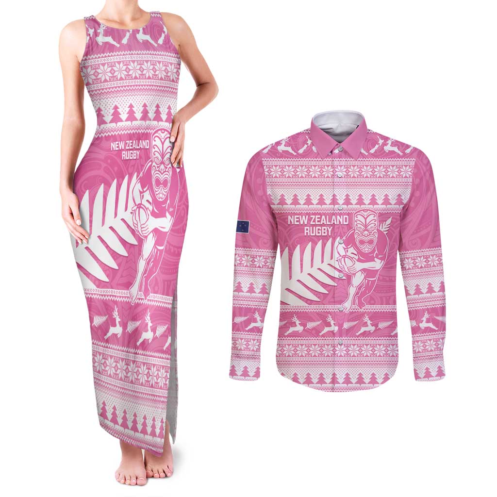 New Zealand Christmas Rugby Personalised Couples Matching Tank Maxi Dress and Long Sleeve Button Shirt Meri Kirihimete All Black Maori Pink Version LT14 Pink - Polynesian Pride