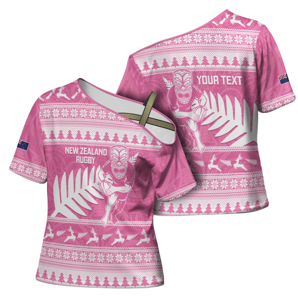 New Zealand Christmas Rugby Personalised Cross Shoulder Shirt Meri Kirihimete All Black Maori Pink Version LT14 - Polynesian Pride
