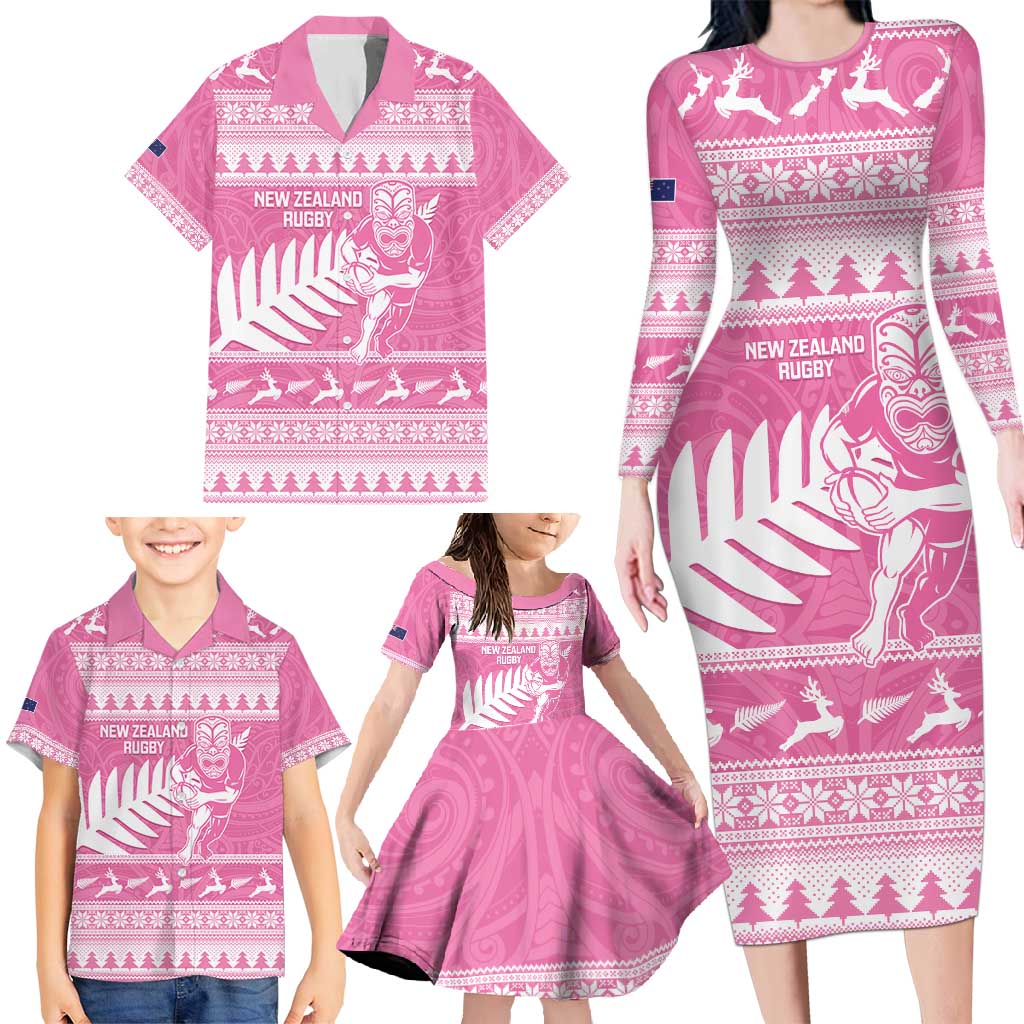 New Zealand Christmas Rugby Personalised Family Matching Long Sleeve Bodycon Dress and Hawaiian Shirt Meri Kirihimete All Black Maori Pink Version LT14 - Polynesian Pride