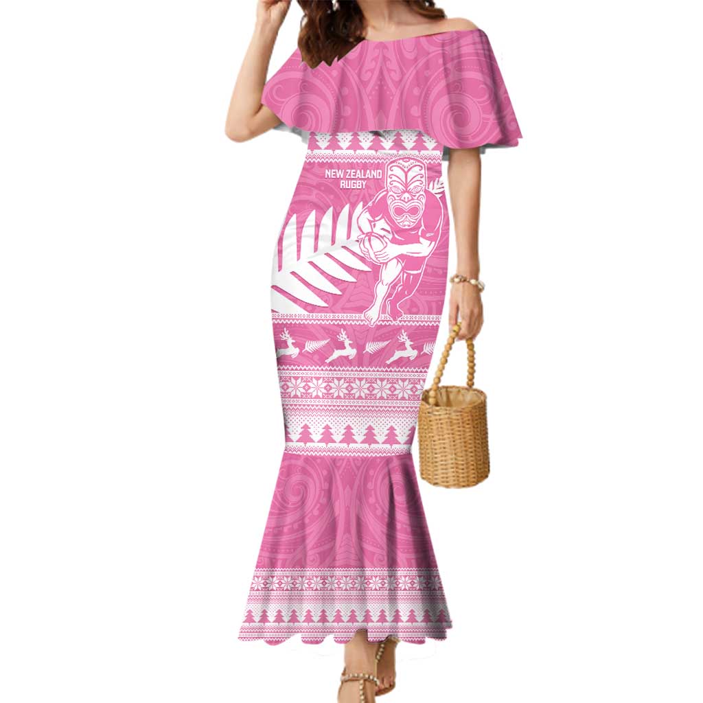 New Zealand Christmas Rugby Personalised Family Matching Mermaid Dress and Hawaiian Shirt Meri Kirihimete All Black Maori Pink Version LT14 Mom's Dress Pink - Polynesian Pride