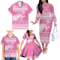 New Zealand Christmas Rugby Personalised Family Matching Off The Shoulder Long Sleeve Dress and Hawaiian Shirt Meri Kirihimete All Black Maori Pink Version LT14 - Polynesian Pride