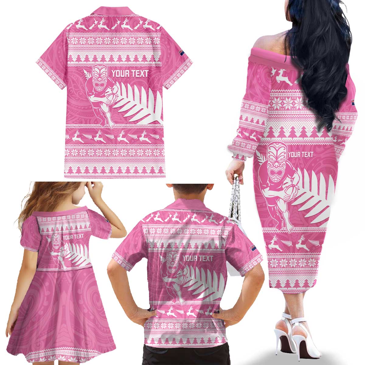 New Zealand Christmas Rugby Personalised Family Matching Off The Shoulder Long Sleeve Dress and Hawaiian Shirt Meri Kirihimete All Black Maori Pink Version LT14 - Polynesian Pride