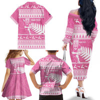 New Zealand Christmas Rugby Personalised Family Matching Off The Shoulder Long Sleeve Dress and Hawaiian Shirt Meri Kirihimete All Black Maori Pink Version LT14 - Polynesian Pride
