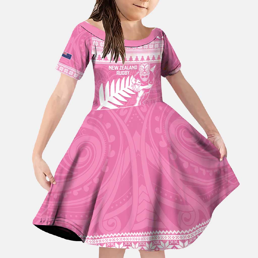 New Zealand Christmas Rugby Personalised Family Matching Off Shoulder Maxi Dress and Hawaiian Shirt Meri Kirihimete All Black Maori Pink Version LT14 Daughter's Dress Pink - Polynesian Pride