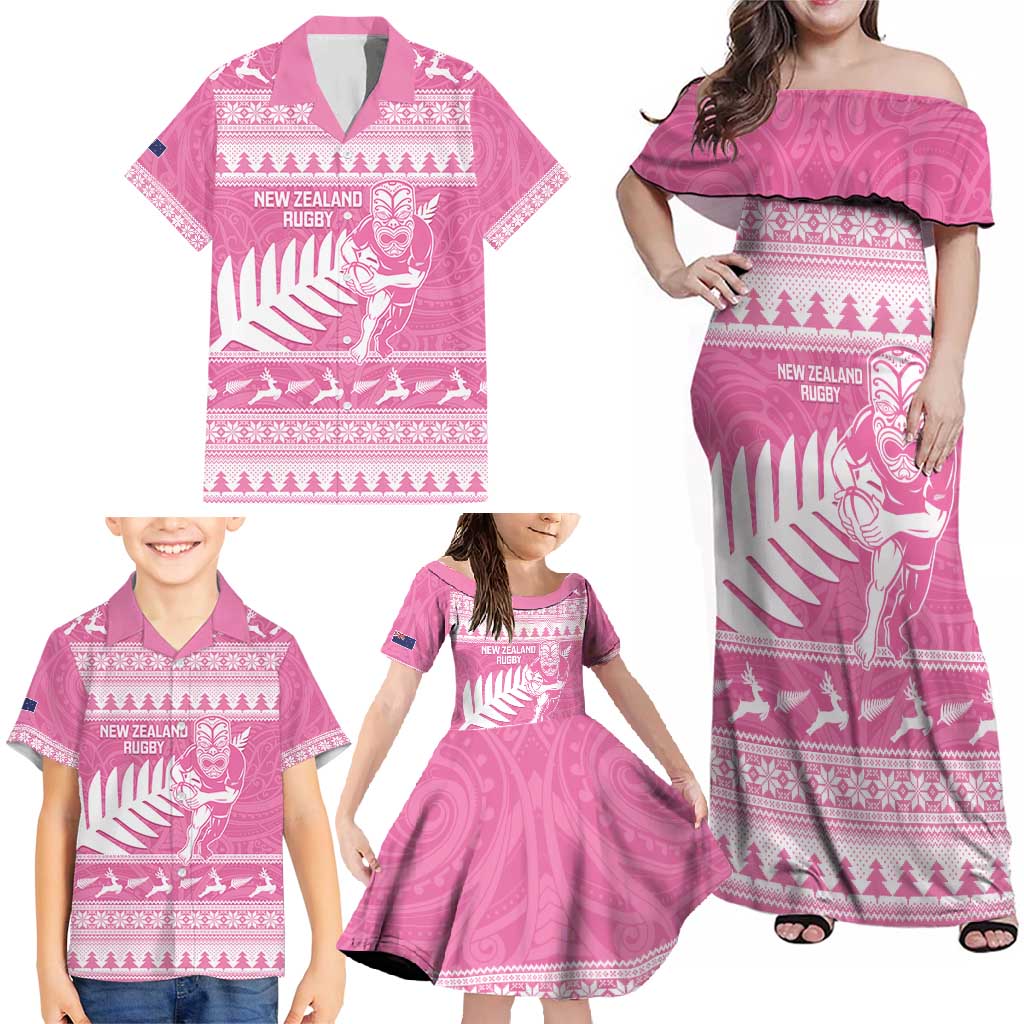New Zealand Christmas Rugby Personalised Family Matching Off Shoulder Maxi Dress and Hawaiian Shirt Meri Kirihimete All Black Maori Pink Version LT14 - Polynesian Pride