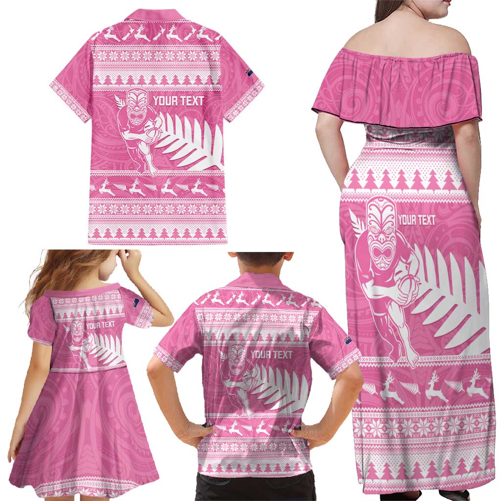 New Zealand Christmas Rugby Personalised Family Matching Off Shoulder Maxi Dress and Hawaiian Shirt Meri Kirihimete All Black Maori Pink Version LT14 - Polynesian Pride