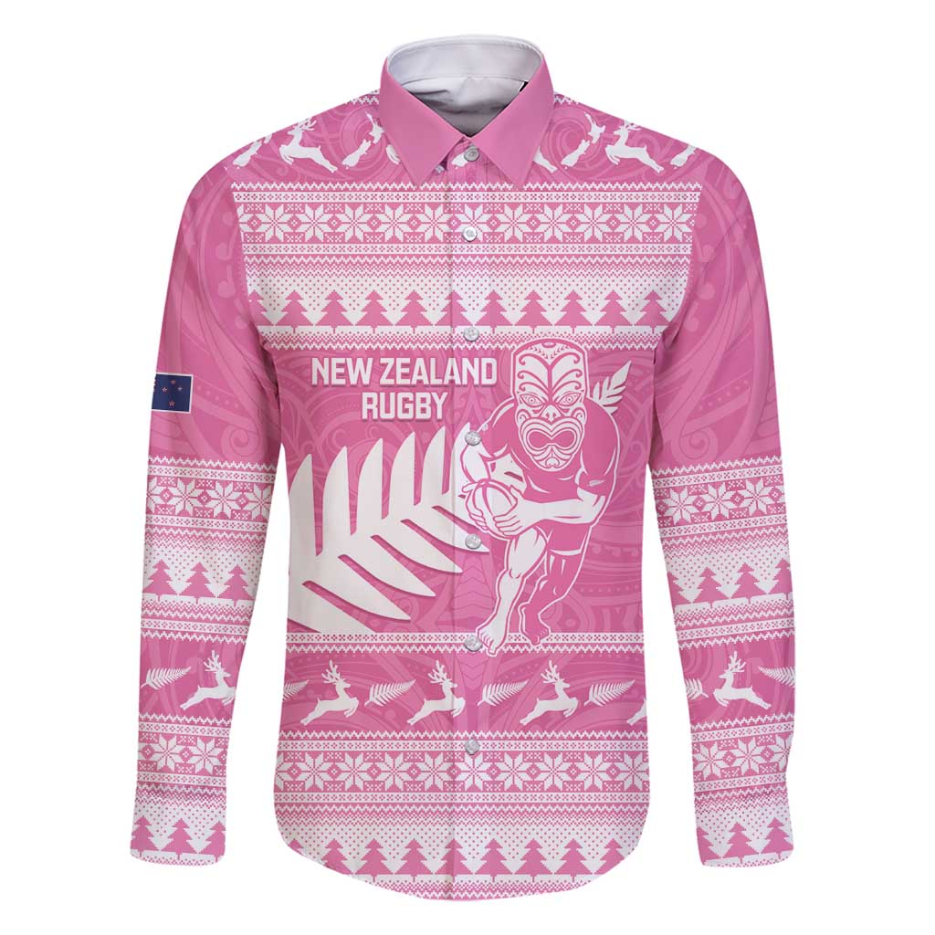 New Zealand Christmas Rugby Personalised Family Matching Off Shoulder Maxi Dress and Hawaiian Shirt Meri Kirihimete All Black Maori Pink Version LT14 Dad's Shirt - Long Sleeve Pink - Polynesian Pride