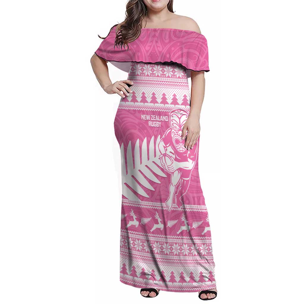 New Zealand Christmas Rugby Personalised Family Matching Off Shoulder Maxi Dress and Hawaiian Shirt Meri Kirihimete All Black Maori Pink Version LT14 Mom's Dress Pink - Polynesian Pride
