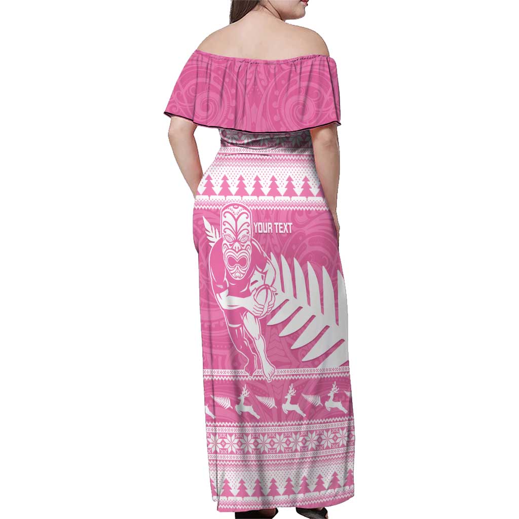 New Zealand Christmas Rugby Personalised Family Matching Off Shoulder Maxi Dress and Hawaiian Shirt Meri Kirihimete All Black Maori Pink Version LT14 - Polynesian Pride