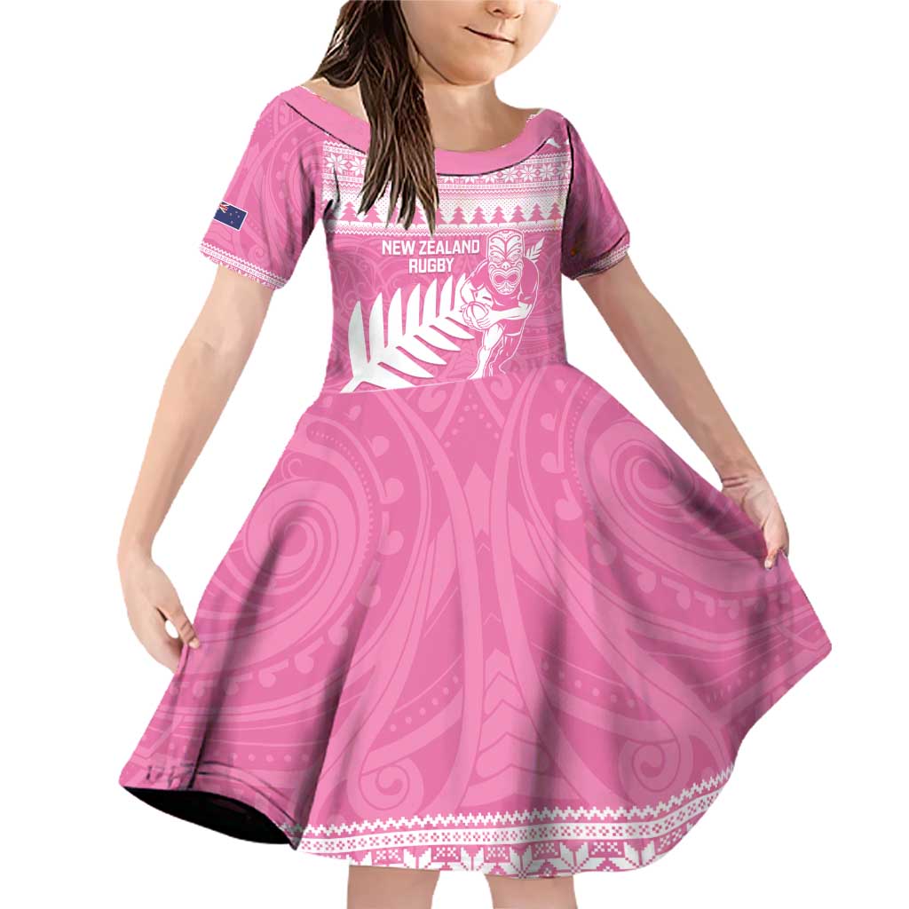 New Zealand Christmas Rugby Personalised Family Matching Off Shoulder Short Dress and Hawaiian Shirt Meri Kirihimete All Black Maori Pink Version LT14 Daughter's Dress Pink - Polynesian Pride