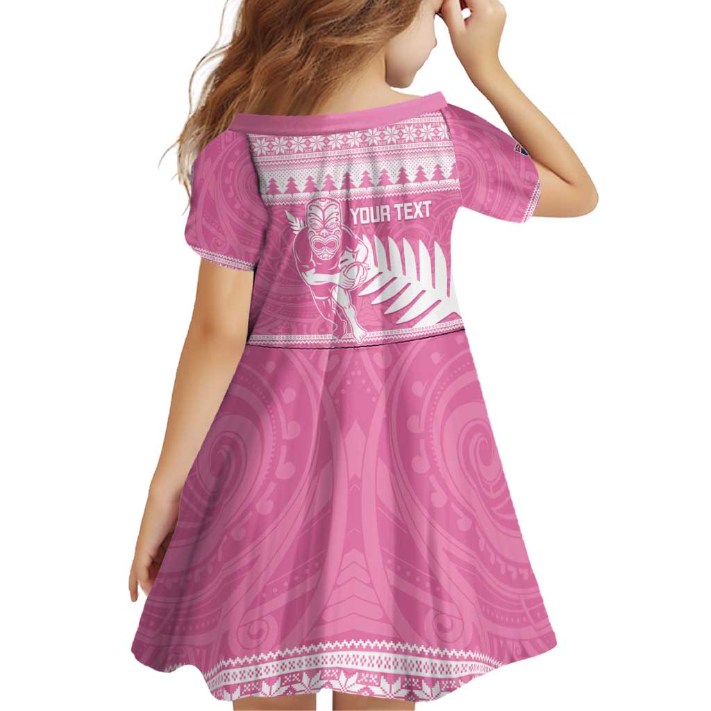 New Zealand Christmas Rugby Personalised Family Matching Off Shoulder Short Dress and Hawaiian Shirt Meri Kirihimete All Black Maori Pink Version LT14 - Polynesian Pride