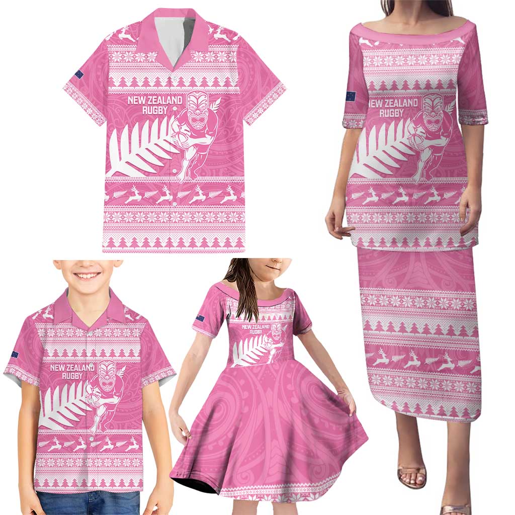 New Zealand Christmas Rugby Personalised Family Matching Puletasi and Hawaiian Shirt Meri Kirihimete All Black Maori Pink Version LT14 - Polynesian Pride
