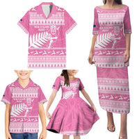 New Zealand Christmas Rugby Personalised Family Matching Puletasi and Hawaiian Shirt Meri Kirihimete All Black Maori Pink Version LT14 - Polynesian Pride