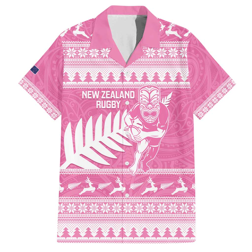 New Zealand Christmas Rugby Personalised Family Matching Puletasi and Hawaiian Shirt Meri Kirihimete All Black Maori Pink Version LT14 Dad's Shirt - Short Sleeve Pink - Polynesian Pride
