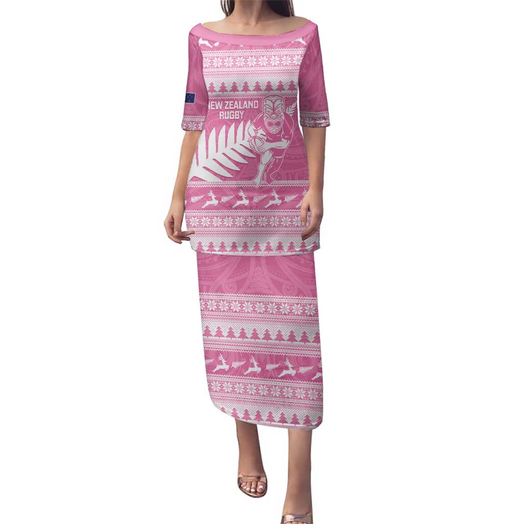 New Zealand Christmas Rugby Personalised Family Matching Puletasi and Hawaiian Shirt Meri Kirihimete All Black Maori Pink Version LT14 Mom's Dress Pink - Polynesian Pride