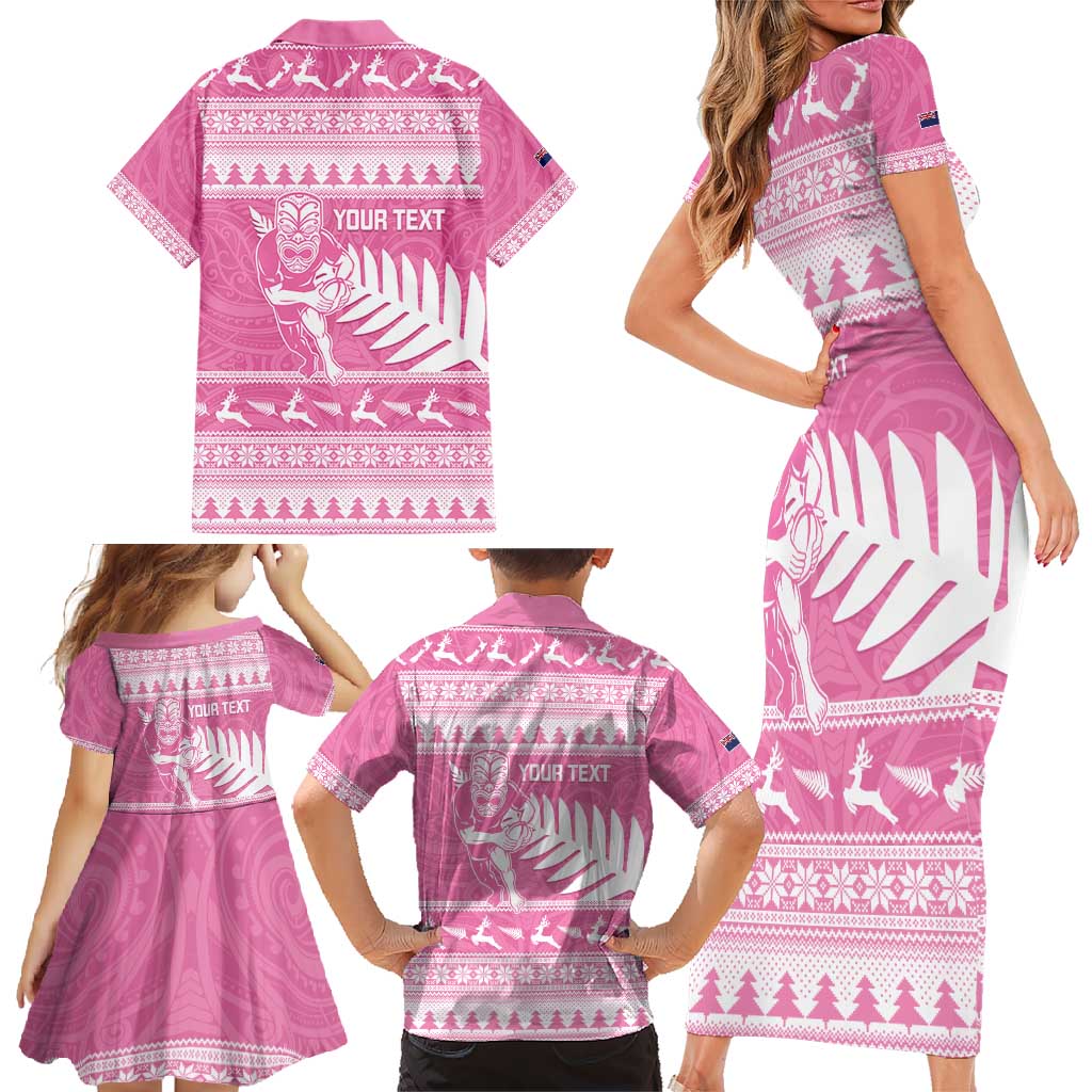 New Zealand Christmas Rugby Personalised Family Matching Short Sleeve Bodycon Dress and Hawaiian Shirt Meri Kirihimete All Black Maori Pink Version LT14 - Polynesian Pride