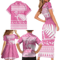 New Zealand Christmas Rugby Personalised Family Matching Short Sleeve Bodycon Dress and Hawaiian Shirt Meri Kirihimete All Black Maori Pink Version LT14 - Polynesian Pride