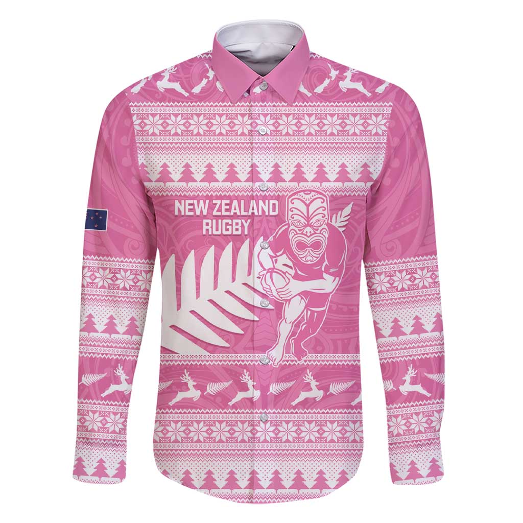 New Zealand Christmas Rugby Personalised Family Matching Short Sleeve Bodycon Dress and Hawaiian Shirt Meri Kirihimete All Black Maori Pink Version LT14 Dad's Shirt - Long Sleeve Pink - Polynesian Pride