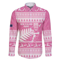 New Zealand Christmas Rugby Personalised Family Matching Short Sleeve Bodycon Dress and Hawaiian Shirt Meri Kirihimete All Black Maori Pink Version LT14 Dad's Shirt - Long Sleeve Pink - Polynesian Pride