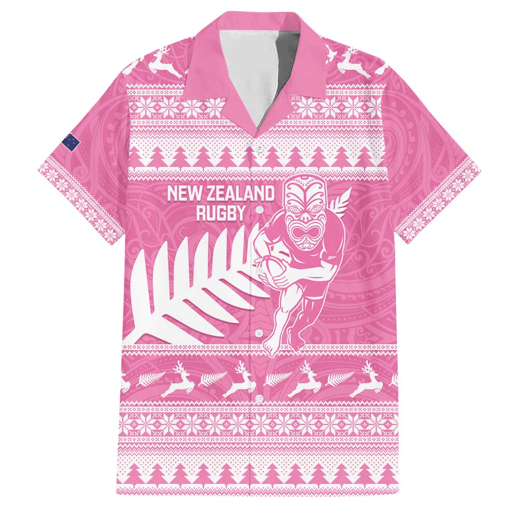 New Zealand Christmas Rugby Personalised Hawaiian Shirt Meri Kirihimete All Black Maori Pink Version - Polynesian Pride
